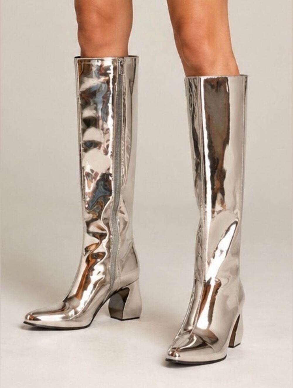 Gianni Bini Silver Mirror Rylee Knee High Chunky Heel Boots Size 6